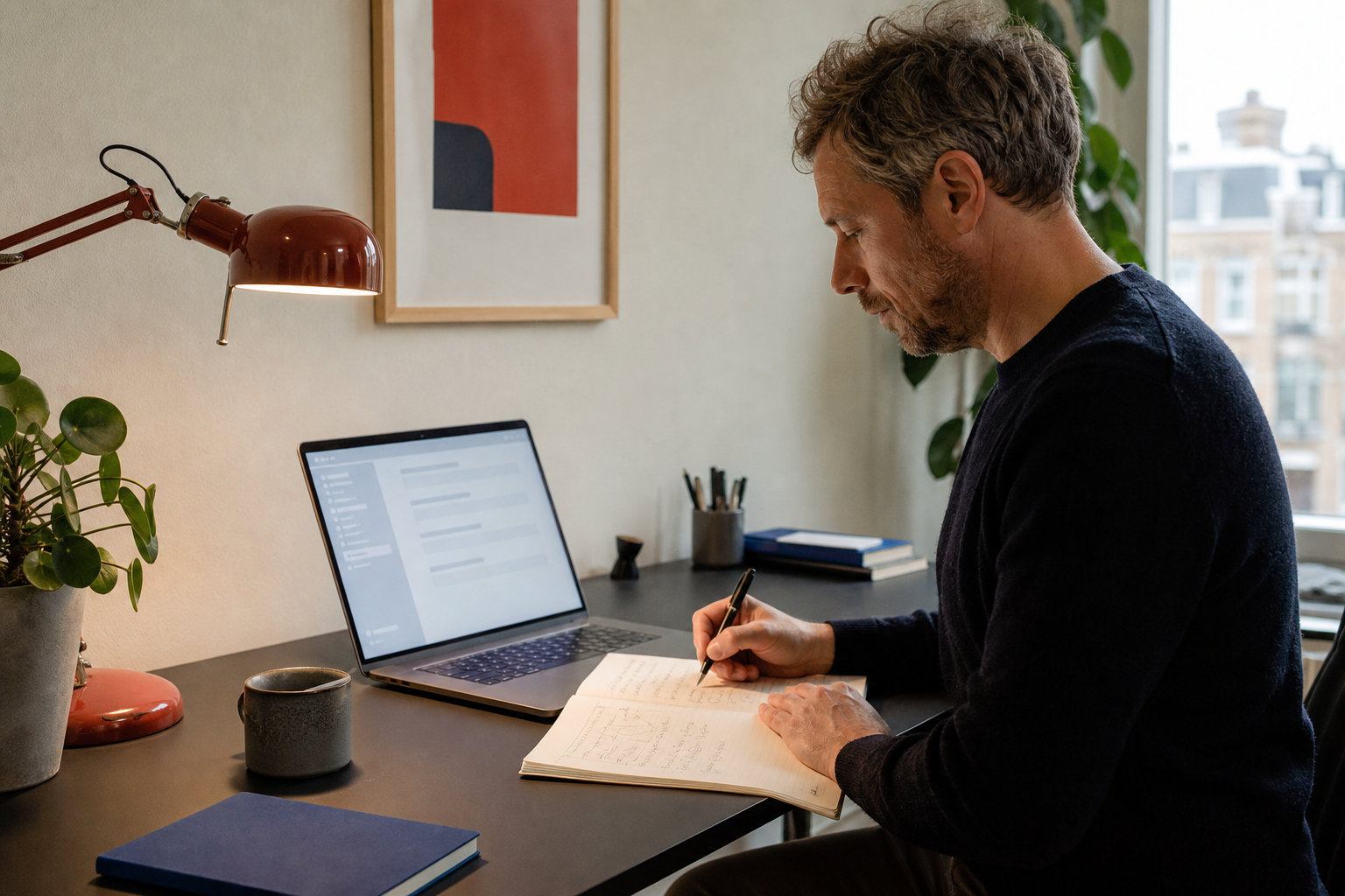 Professional vergelijkt aantekeningen met een AI-toepassing op een laptop aan een rustige werktafel
