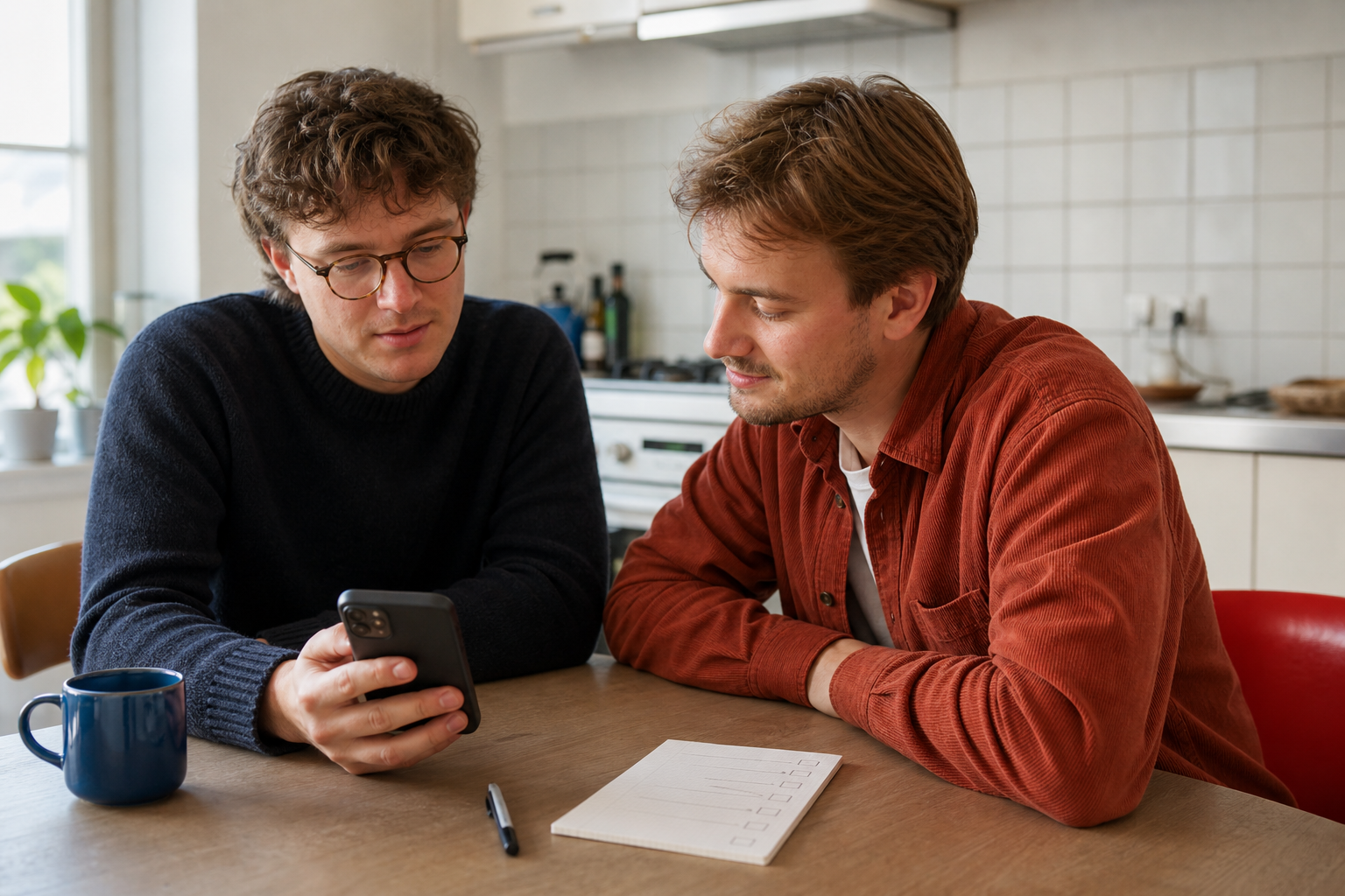 Twee vrienden bekijken samen privacy-instellingen op een smartphone aan de keukentafel
