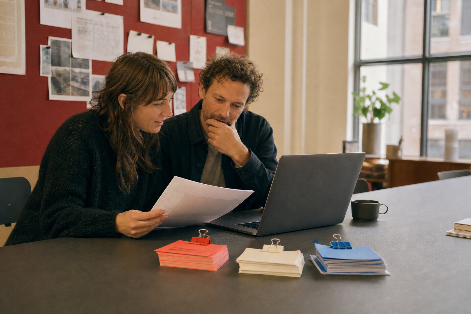 Twee collega’s bespreken een document naast geordende rode, crème en blauwe promptkaarten