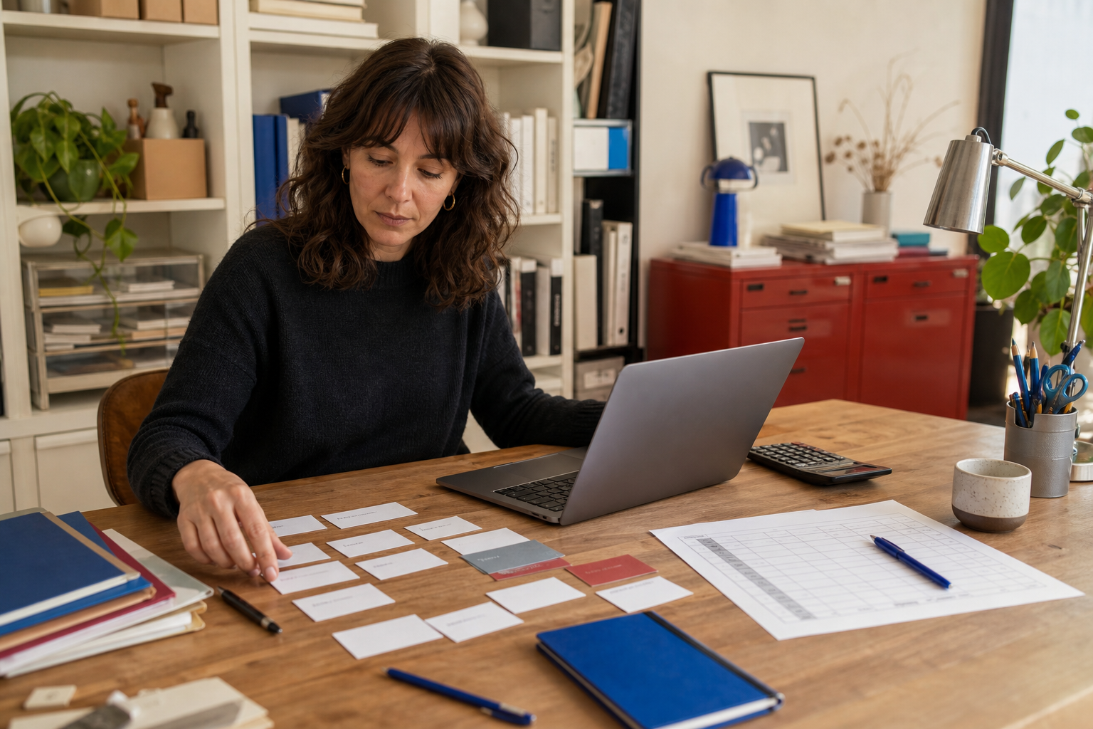 Ondernemer ordent softwarekaarten, een budgetoverzicht en een laptop aan haar werktafel